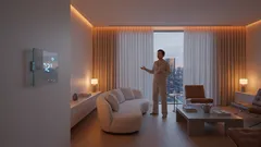 Mann steuert Smart Home im modernen Wohnzimmer mit Ambientebeleuchtung und digitalem Thermostat
