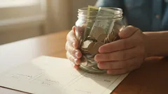 Hände halten ein Glas mit Münzen und Geldscheinen auf einem Tisch, Sparen Konzept.