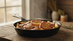 Bratwurst mit Pommes Frites in einer gusseisernen Pfanne auf Holztisch