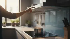 Moderne Küche mit dampfendem Topf auf Herd und Hand, die Dunstabzugshaube einschaltet.