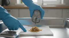 Hand in Handschuhen entfernt Fleck von Papier mit Reinigungsspray in moderner Küche.